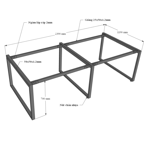 Bàn cụm 4 gỗ tràm 120x240cm chân sắt lắp ráp hệ Wooden