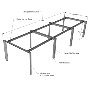 Bàn cụm 6 chỗ ngồi 120x360cm hệ Trian chân sắt tam giác