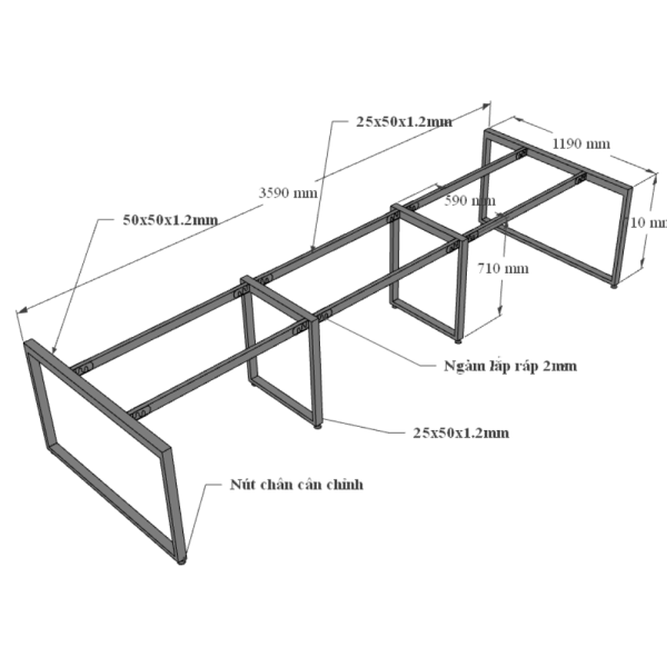 Bàn cụm 6 người 120x360cm hệ RECTANG chân sắt lắp ráp