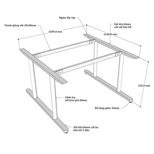 Chân sắt cụm 2 chỗ bàn 120x120cm hệ TIO - HCTO007