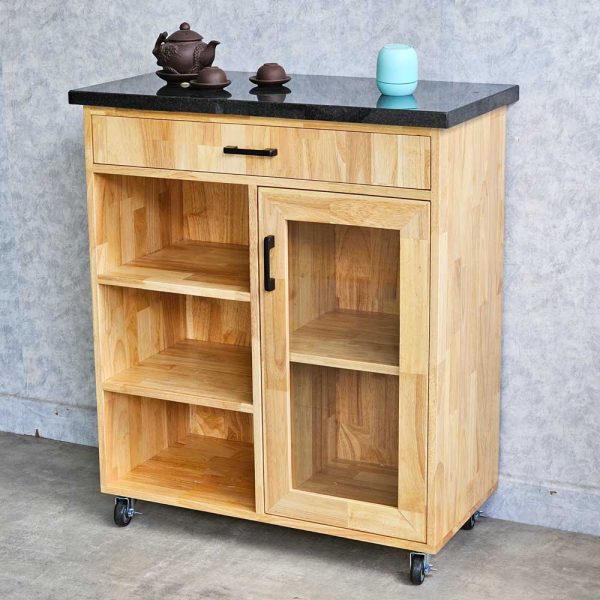 Bàn đảo bếp di động 80x40x85cm gỗ cao su mặt đá KISL004