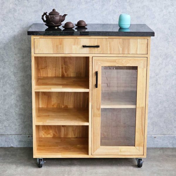 Bàn đảo bếp di động 80x40x85cm gỗ cao su mặt đá KISL004