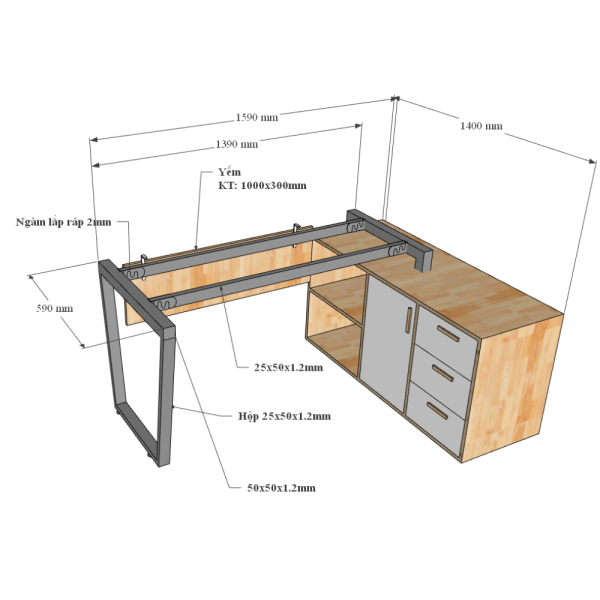 Kích thước Bàn giám đốc 160x140 Trapeze Concept lắp ráp