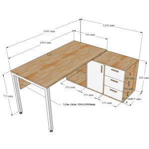 Kích thước Bàn giám đốc 160x140 (mặt bàn 70) hệ UConcept chân sắt lắp ráp