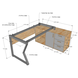 Kích thước Bàn giám đốc 160x140 MConcept chân sắt lắp ráp