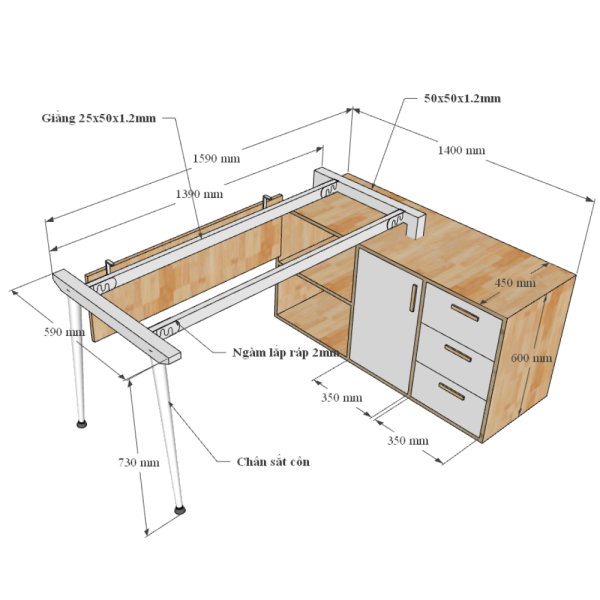 HBCO020 - Bàn giám đốc 160x140cm hệ CONE chân sắt lắp ráp