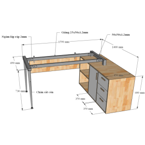 HBCO021 - Bàn giám đốc 160x140cm (mặt bàn rộng 70) hệ CONE chân sắt lắp ráp