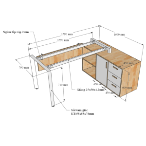 HBTA022 - Bàn giám đốc 180x160cm hệ Trian chân sắt tam giác