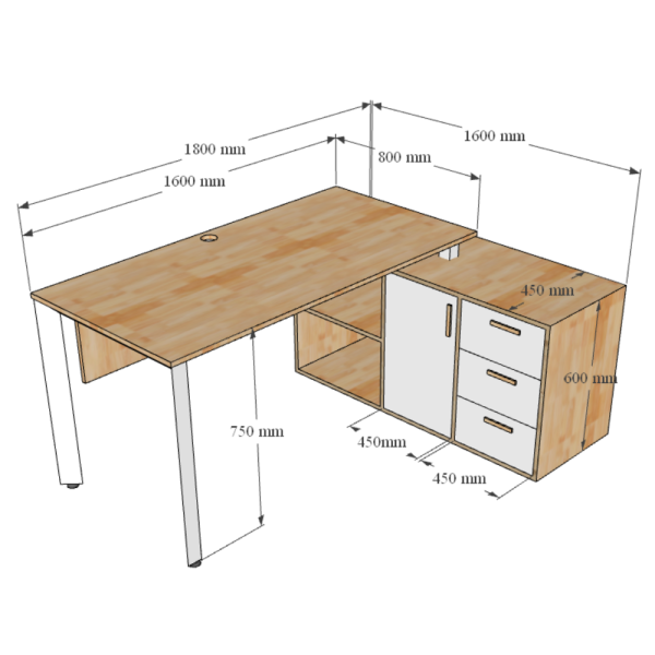 Kích thước Bàn giám đốc 180x160cm hệ Trian chân sắt tam giác