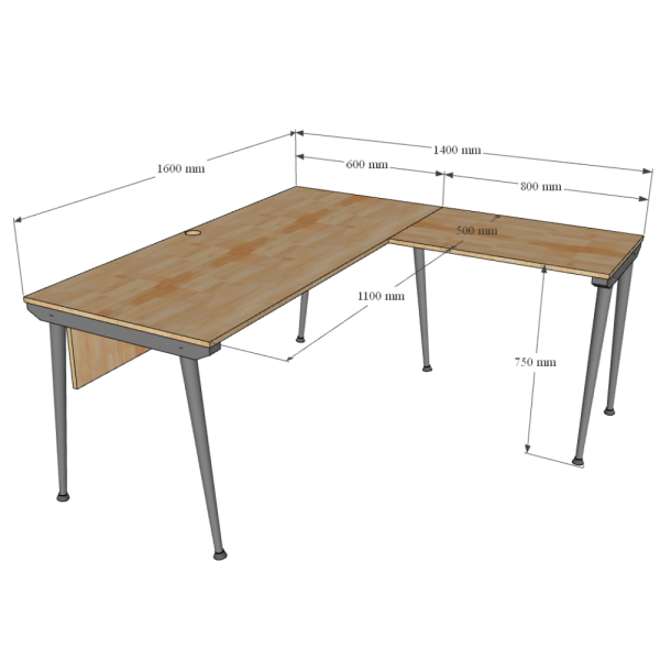 Kích thước Bàn chữ L 160x150cm hệ CONE chân sắt lắp ráp