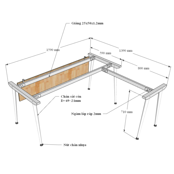 Kích thước Bàn chữ L 180x160cm hệ CONE chân sắt lắp ráp