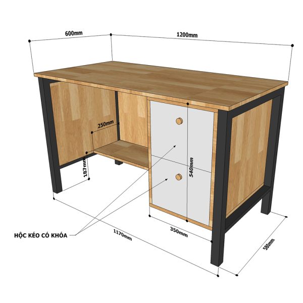 Bàn giáo viên có tủ 2 ngăn gỗ cao su chân sắt BGV001