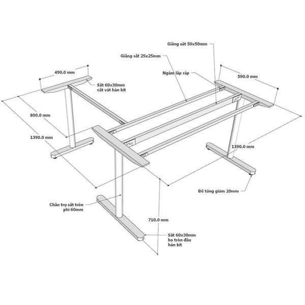 Chân sắt bàn góc L hệ TIO - HCTO005