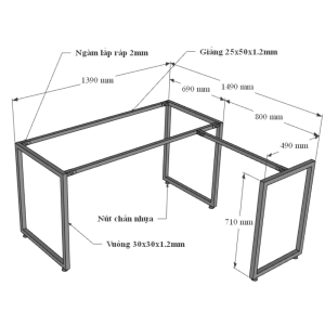 Bàn góc L 140x140cm chân sắt chữ nhật lắp ráp