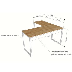 Bàn góc L 140x140cm chân sắt chữ nhật lắp ráp