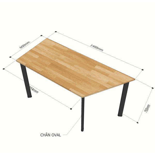Bàn hình thang vuông 140x60cm gỗ cao su chân oval hệ Lego 2 HBLG027