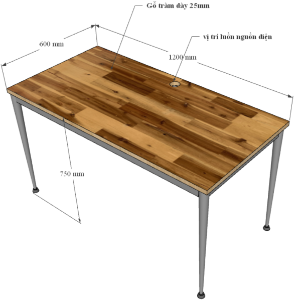 Bàn làm việc 120x60cm gỗ tràm chân sắt lắp hệ CONE II HBCN027