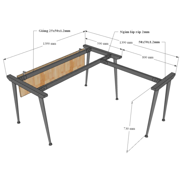 Bàn làm việc chữ L 140x140cm gỗ PLywood chân sắt Cone HBCO037