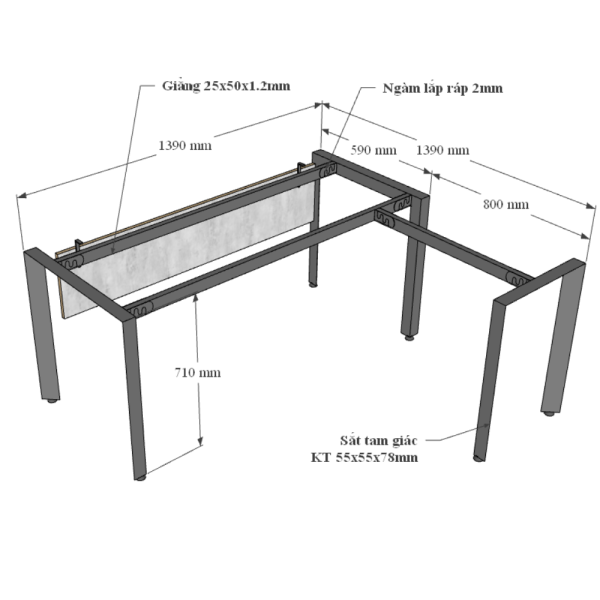 HBTA014 - Bàn chữ L 140x140cm hệ Trian chân sắt tam giác