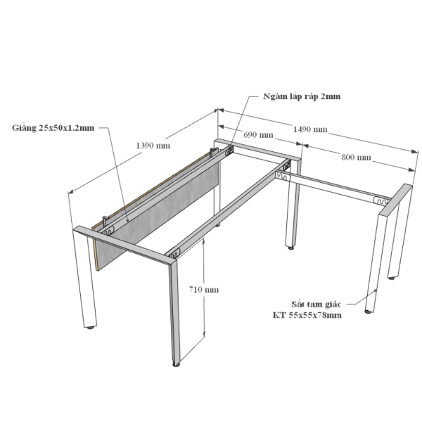 Kích thước Bàn chữ L 140x150cm hệ Trian chân sắt tam giác