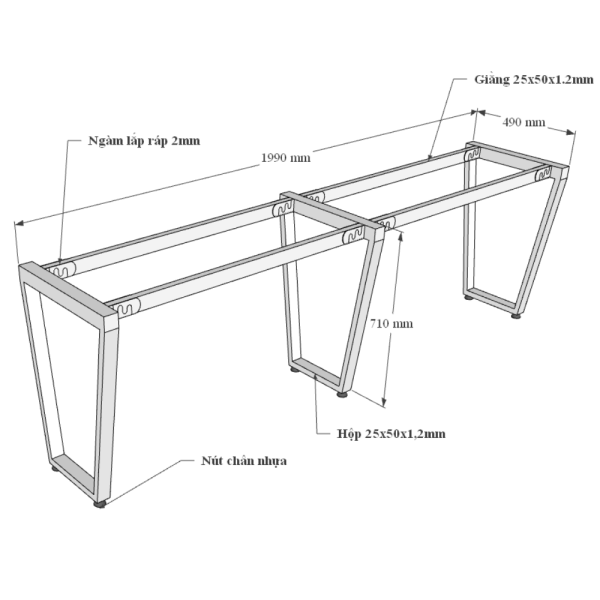 Bàn làm việc cụm 2 200x50cm gỗ Plywood phủ melamin chân Trapeze HBTC034