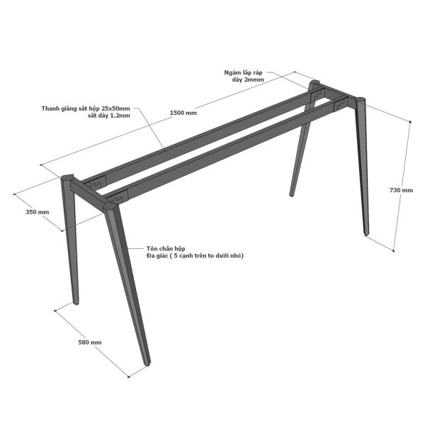 Bàn làm việc 160x60cm gỗ cao su chân sắt hệ Đa Giác HDG006