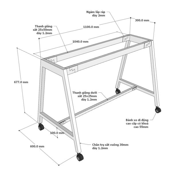 Chân sắt di động cho bàn làm việc 120x60cm sơn tĩnh điện CFOS001