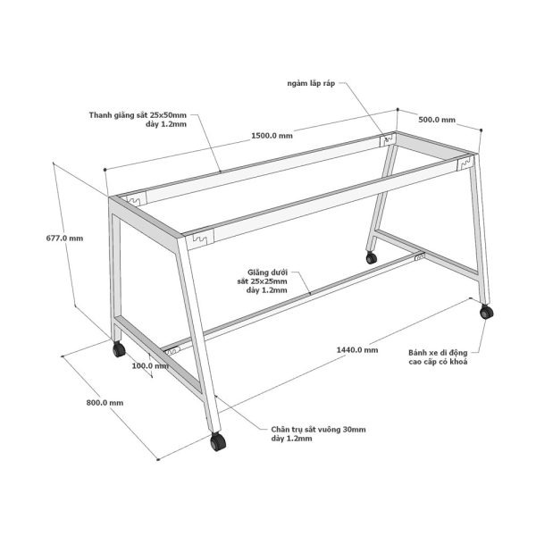 Bàn làm việc di động 160x80cm gỗ plywood chân sắt hệ bàn FOS FOS005