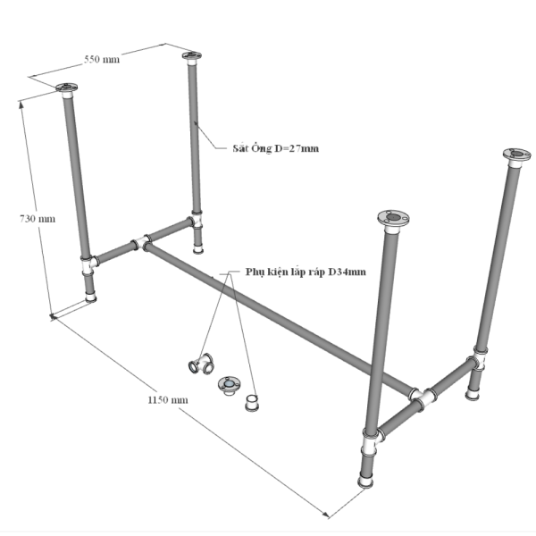 Bàn làm việc 120x60cm gỗ Tràm chân ống nước hệ Wooden HBWD027