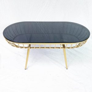 Bàn sofa oval mặt kính khung tròn màu vàng đồng