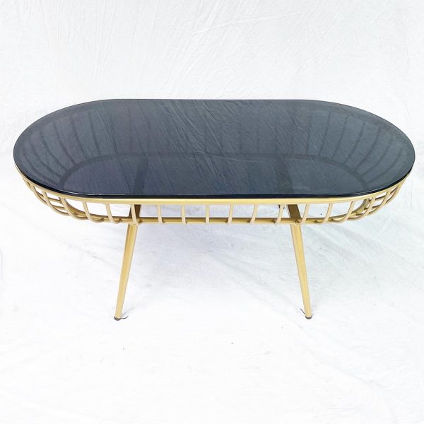 Bàn sofa oval mặt kính khung tròn màu vàng đồng