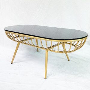 Bàn sofa oval mặt kính khung tròn màu vàng đồng