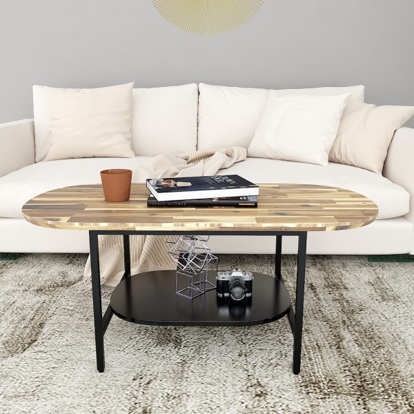 Bàn sofa bầu dục 2 tầng khung sắt mặt gỗ tràm TT68157