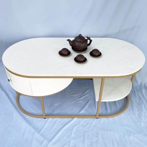 Bàn sofa oval có hộc tủ mặt đá khung sơn vàng TT68177