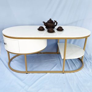Bàn sofa oval có hộc tủ mặt đá khung sơn vàng TT68177