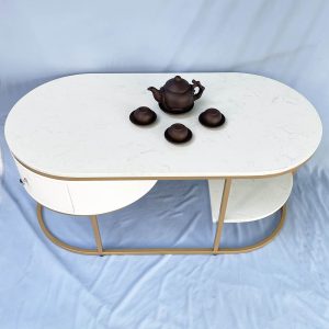 Bàn sofa oval có hộc tủ mặt đá khung sơn vàng TT68177
