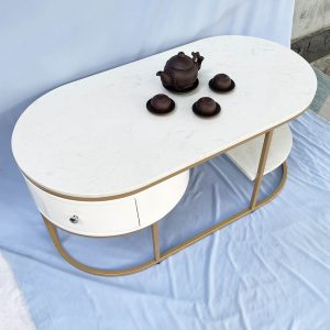 Bàn sofa oval có hộc tủ mặt đá khung sơn vàng TT68177
