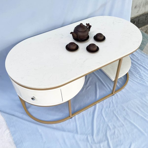 Bàn sofa oval có hộc tủ mặt đá khung sơn vàng TT68177