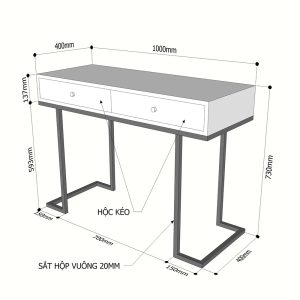 chi tiết kích thước Bàn Trang Điểm 2 hộc kéo chân sắt BTD68046