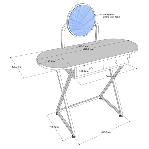 Bàn trang điểm mini có gương gỗ tự nhiên chân sắt BTD68061