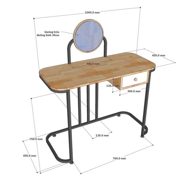 Bàn trang điểm mini có gương gỗ tự nhiên chân sắt BTD68062