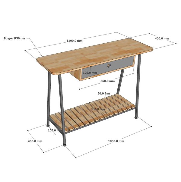 Bàn console có ngăn kéo 120x40x85cm gỗ cao su chân sắt CST069