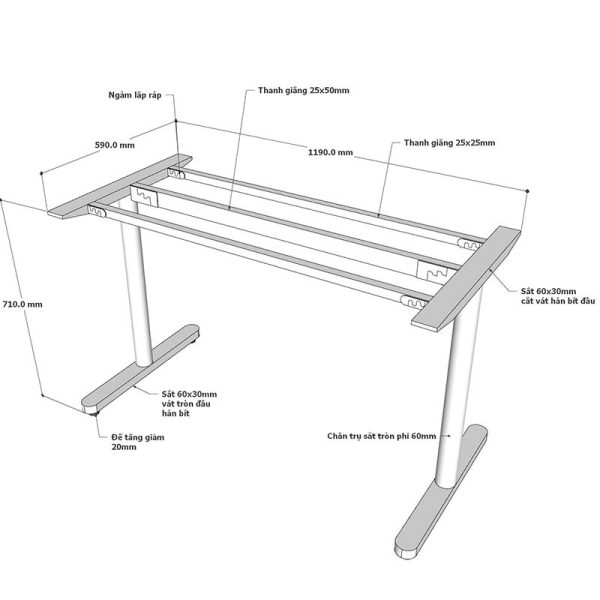 Chân sắt bàn 120x60cm hệ TIO - HCTO002