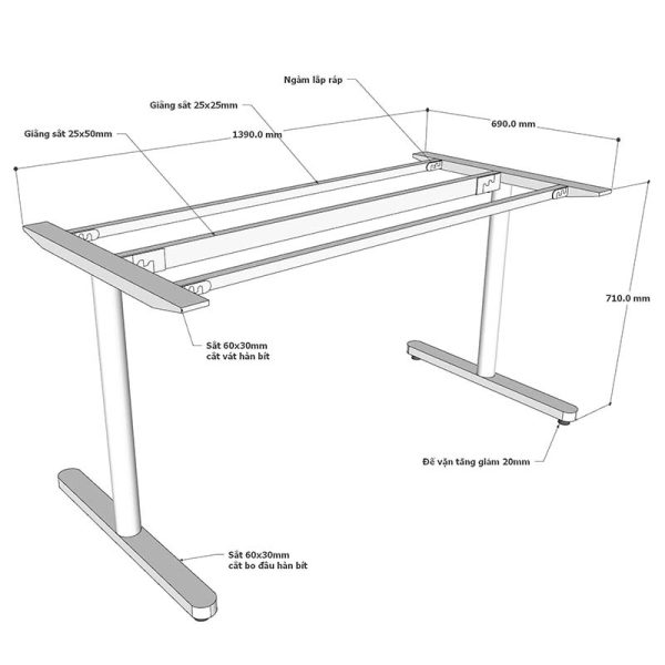 Chân sắt bàn 140x70cm hệ TIO - HCTO004