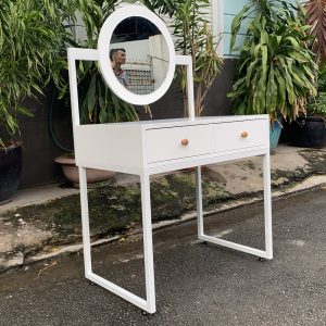 Bàn trang điểm Full trắng 2 hộc kéo chân sắt gương tròn BTD68019