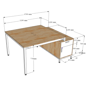 Bàn cụm 2 120x120cm chân tủ gỗ cao su chân sắt lắp ráp HBUC031