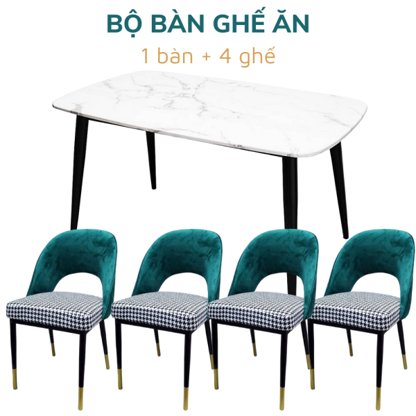 Bộ Bàn Ăn Mặt Đá Và 4 Ghế Nệm Tựa Lưng Màu Xanh CBBA059