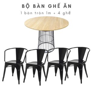 Bộ bàn ăn tròn 80cm mặt gỗ Plywood và 4 ghế sắt tolix có tay CBBA049