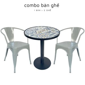 Bộ bàn ghế cafe gạch men hoa văn và 2 ghế tolix CBCF132