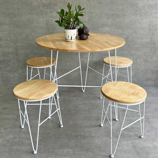 Combo bộ bàn ghế cafe tròn gỗ cao su chân sắt Hairpin CBCF258